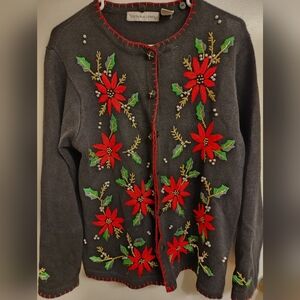 Ugly Christmas Sweater Black Poinsettia Cardigan med Victoria Jones